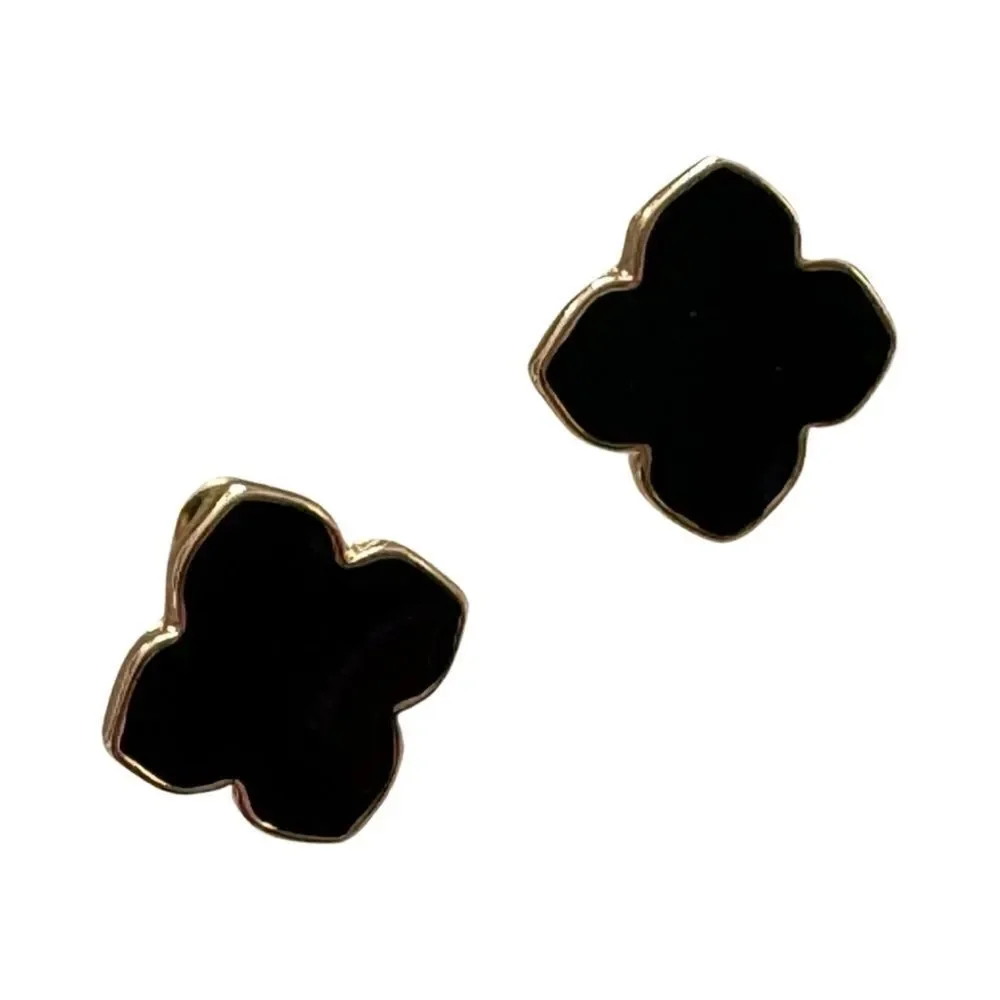 Four Leaf Clover Pattern Black and Gold Post Earrings with Velvet Case NWT
